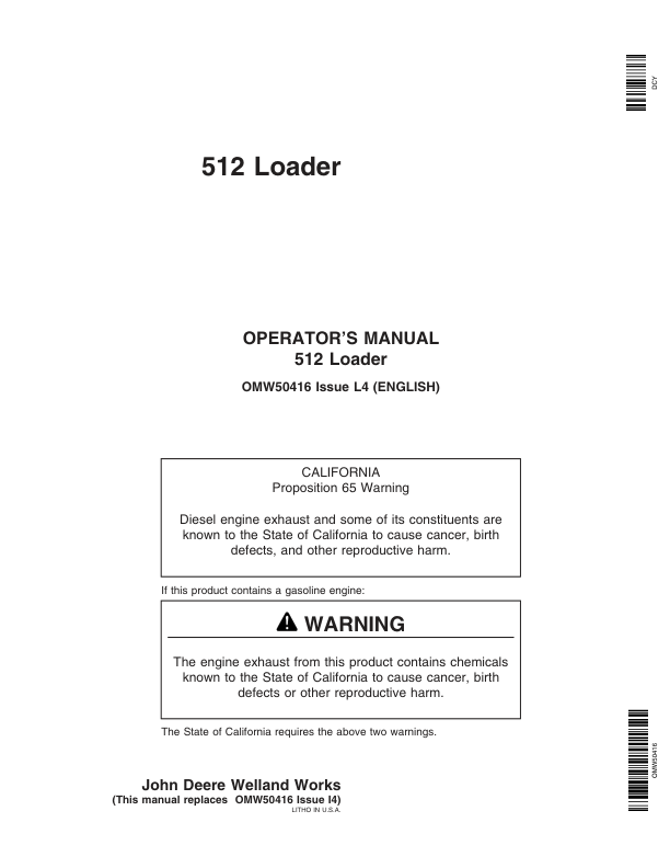John Deere 512 Loaders Operator's Manual (OMW50416)