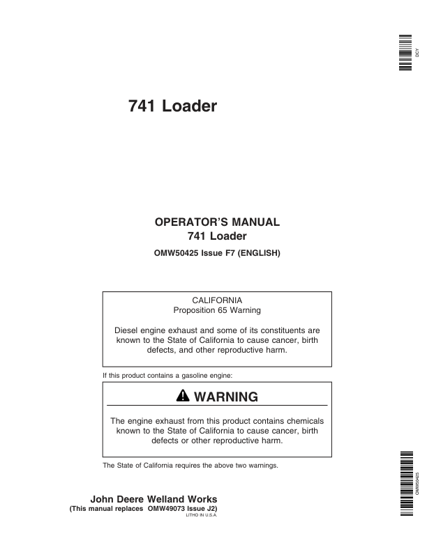 John Deere 741 Loader Operator's Manual (OMW50425)