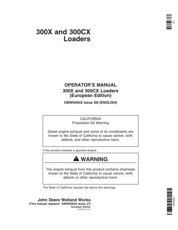 John Deere 300X & 300CX Loaders Operator's Manual (OMW50642)