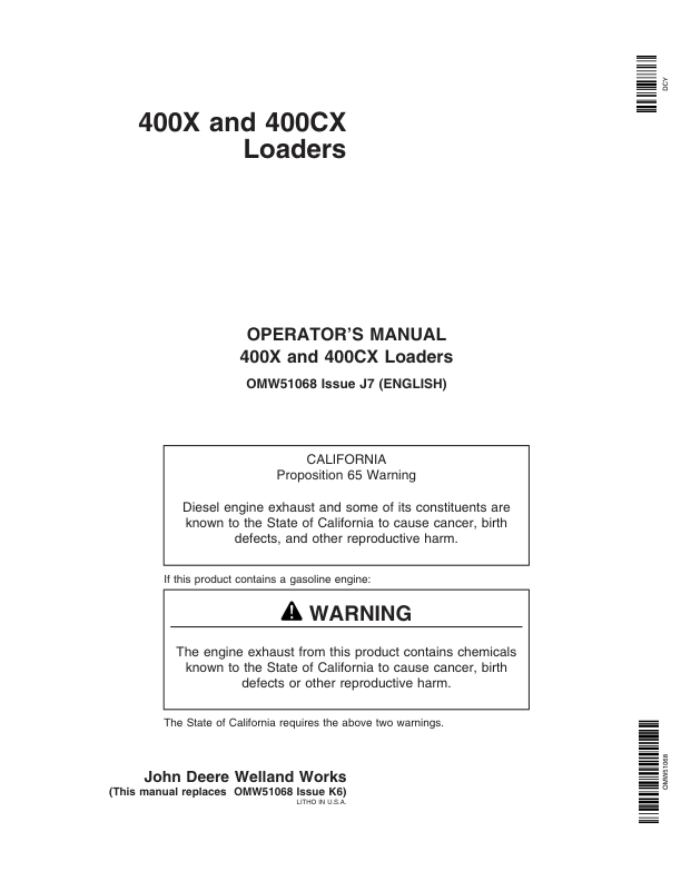 John Deere 400X & 400CX Loaders Operator's Manual (OMW51068)
