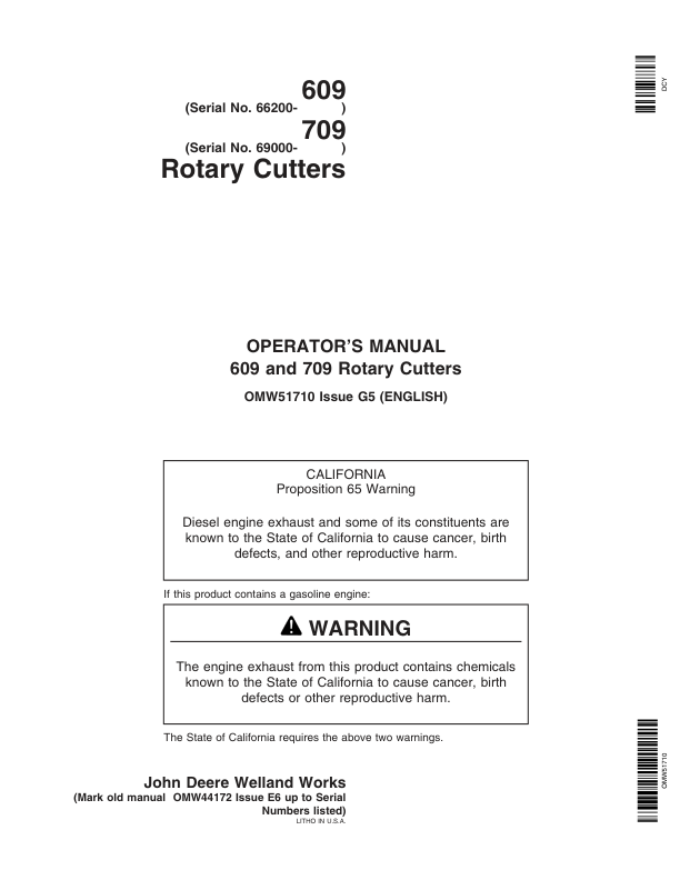 John Deere 609 & 709 Rotary Cutter Operator's Manual (OMW51710)