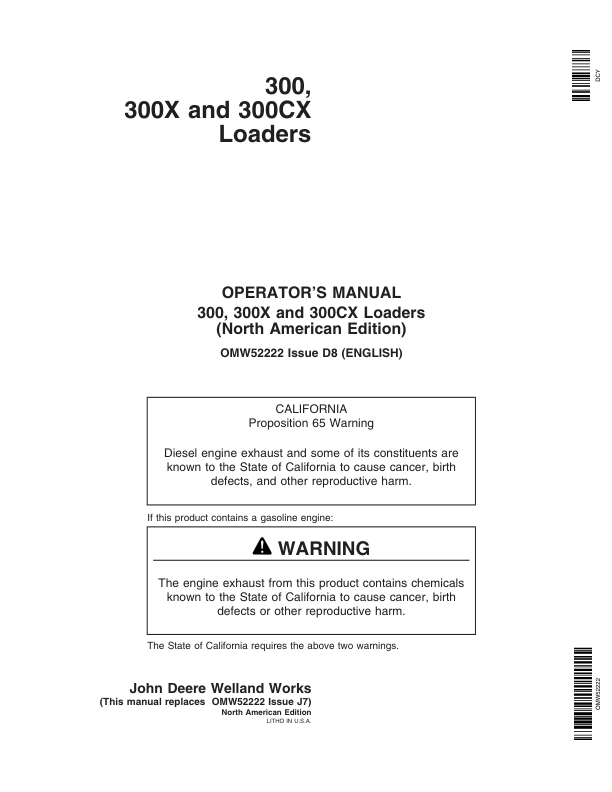 John Deere 300, 300X & 300CX Loaders Operator's Manual (OMW52222)