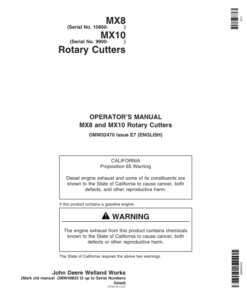 John Deere MX8 Rotary Cutters (010800-014999) MX10 Rotary Cutters (009900-013999) Operator's Manual (OMW52470)