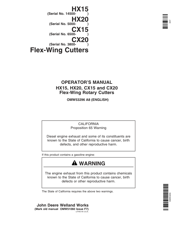 John Deere HX15, HX20, CX15 & CX20 Flex-Wing Rotary Cutters Operator's Manual (OMW53296)