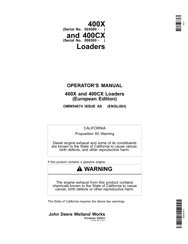 John Deere 400X & 400CX Loaders Operator's Manual (OMW54074)