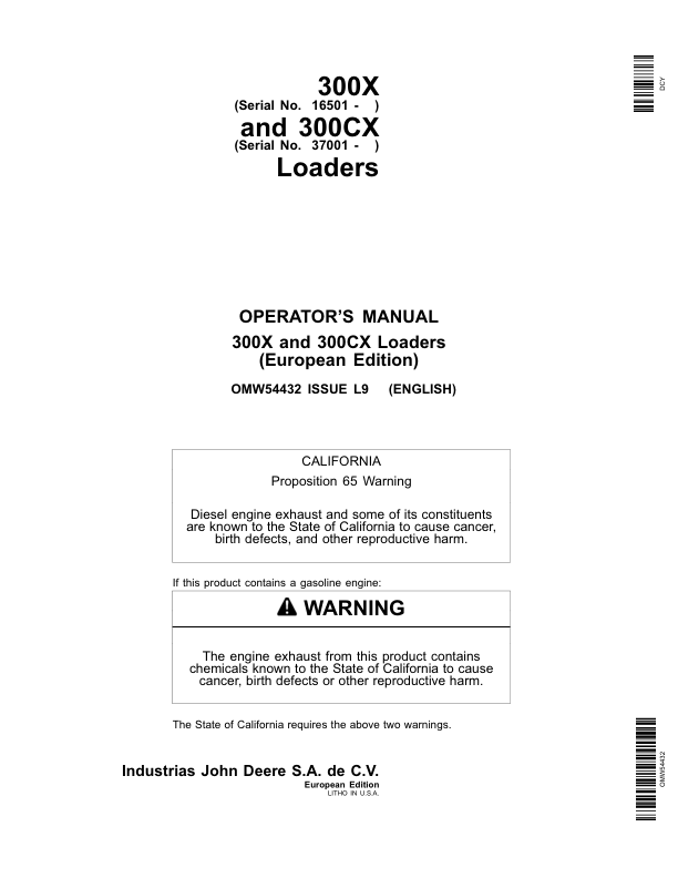John Deere 300X & 300CX Loaders Operator's Manual (OMW54432)
