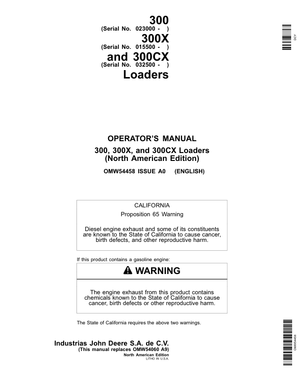 John Deere 300, 300X & 300CX Loaders Operator's Manual (OMW54458)
