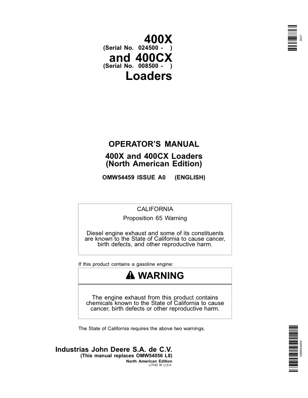John Deere 400X & 400CX Loaders Operator's Manual (OMW54459)