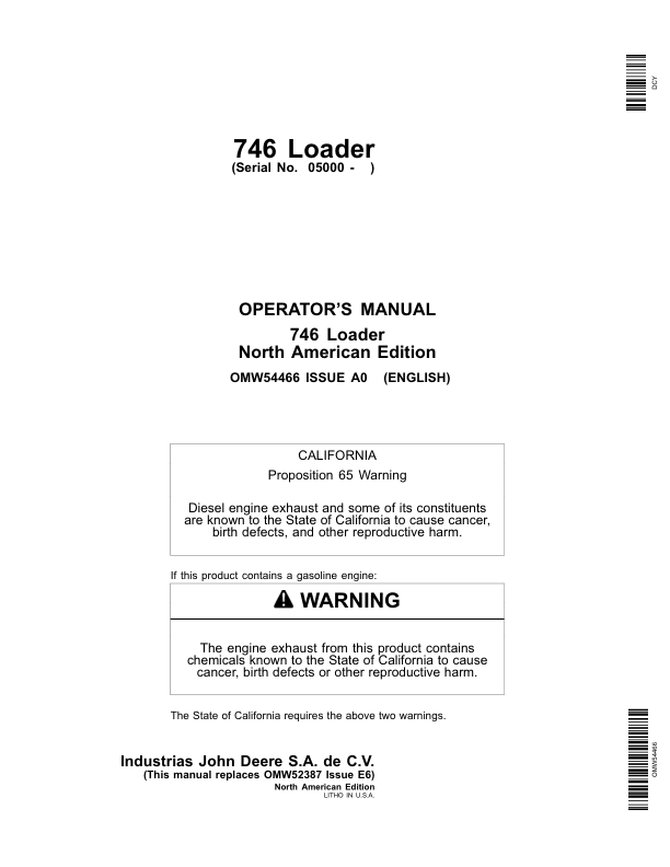 John Deere 746 Mechanical Self-Leveling Loader (005000-) Operator's Manual (OMW54466)
