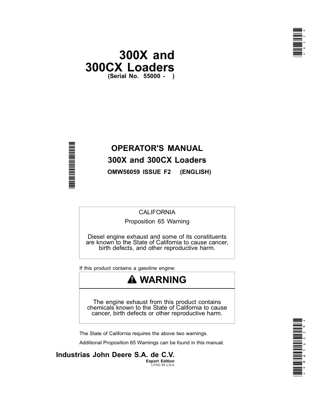 John Deere 300X & 300CX Loaders Operator's Manual (OMW56059)