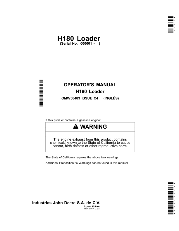 John Deere H180 Loader Operator's Manual (OMW56483)