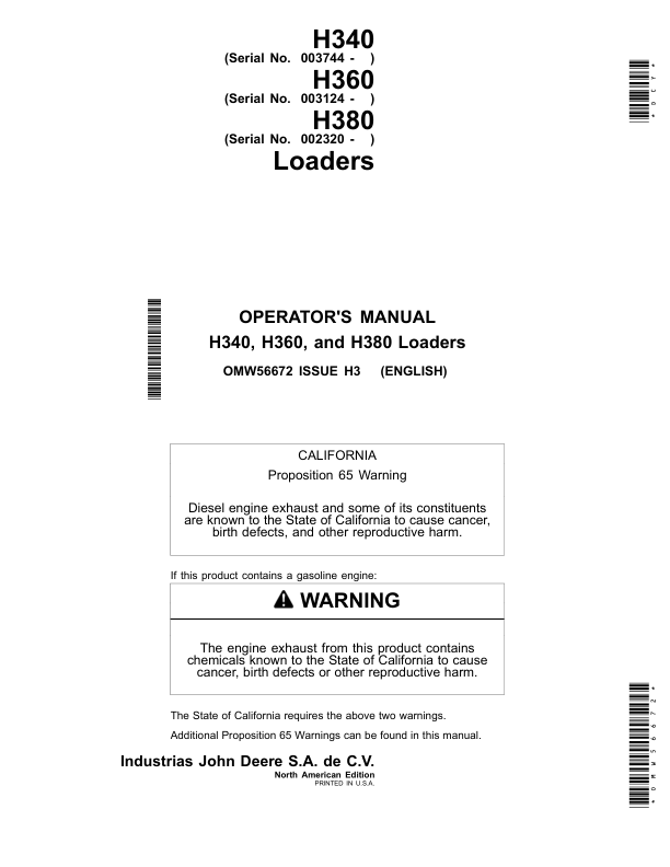 John Deere H360 Loaders (003124-) Operator's Manual (OMW56672)