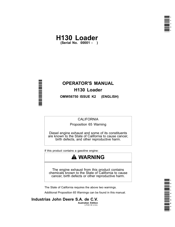 John Deere H130 Loader (Export to Australia) Operator's Manual (OMW56750)