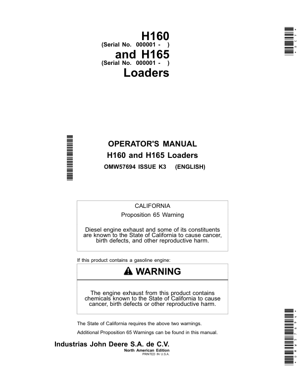 John Deere H160 & H165 Loaders Operator's Manual (OMW57694)