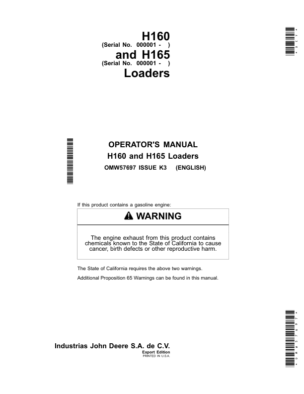 John Deere H160 & H165 Loaders Operator's Manual (OMW57697)
