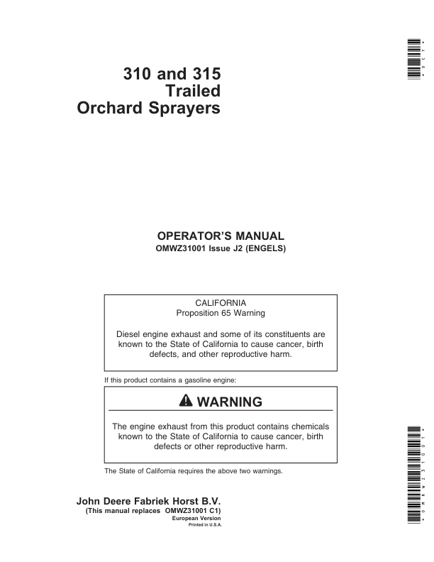 John Deere 310 & 315 Trailed Orchard Sprayers Operator's Manual (OMWZ31001)