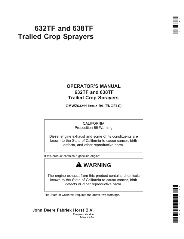 John Deere 632TF, 638TF Trailed Crop Sprayers Operator's Manual (OMWZ63211)