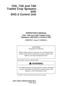 John Deere 724i, 732i & 740i Trailed Crop Sprayerswith EHC-2 Control Unit Operator's Manual (OMWZ72411)