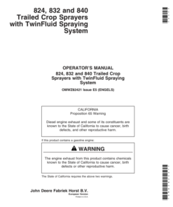 John Deere 824, 832, 840 Trailed Crop Sprayers with TwinFluid Spraying System Operator's Manual (OMWZ82421)