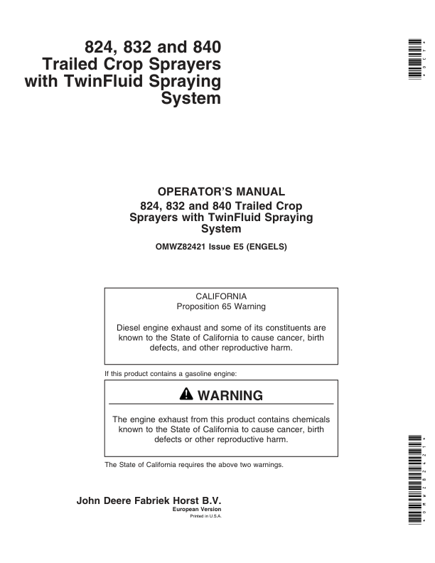 John Deere 824, 832, 840 Trailed Crop Sprayers with TwinFluid Spraying System Operator's Manual (OMWZ82421)