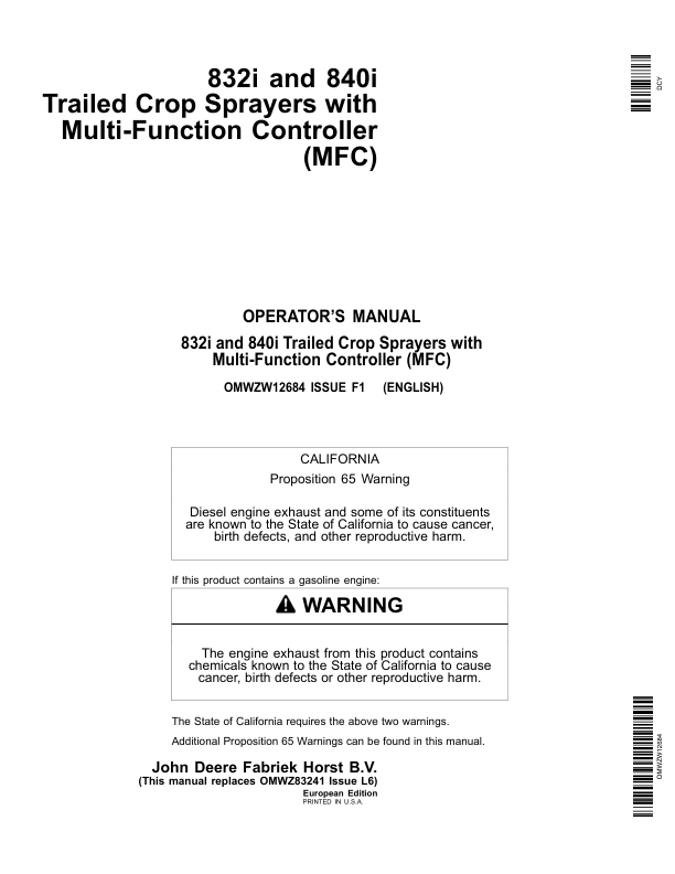 John Deere 832i & 840i Trailed Crop Sprayers with Multi-Function Controller (MFC) Operator's Manual (OMWZW12684)