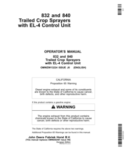 John Deere 832 & 840 Trailed Crop Sprayers with EL-4 Control Unit Operator's Manual (OMWZW13224)