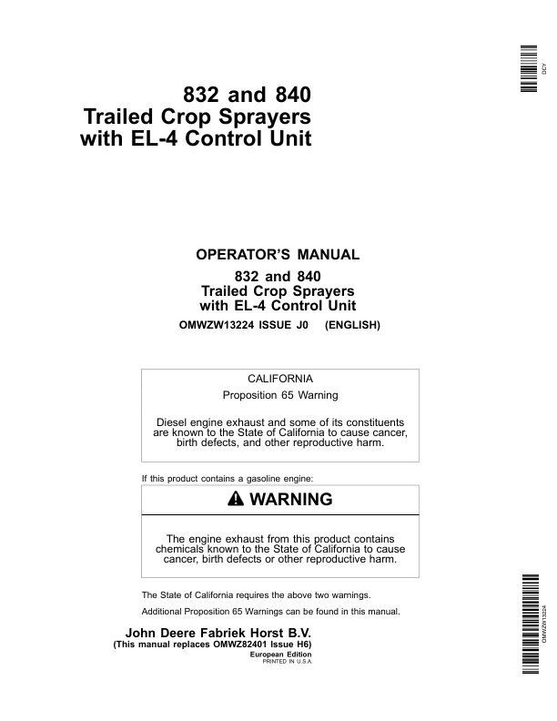 John Deere 832 & 840 Trailed Crop Sprayers with EL-4 Control Unit Operator's Manual (OMWZW13224)