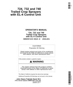 John Deere 724, 732 & 740 Trailed Crop Sprayers with EL-4 Control Unit Operator's Manual (OMWZW13235)