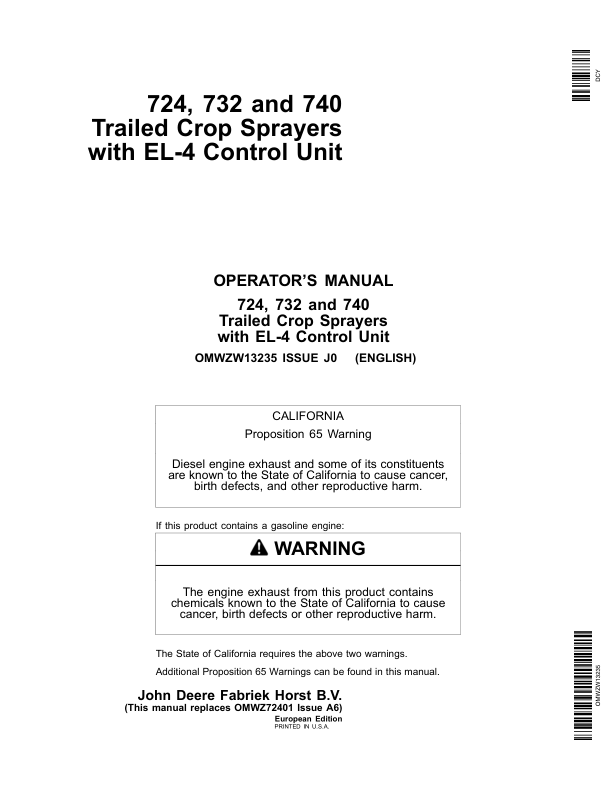 John Deere 724, 732 & 740 Trailed Crop Sprayers with EL-4 Control Unit Operator's Manual (OMWZW13235)