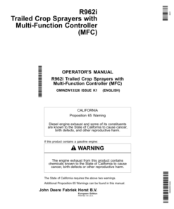 John Deere R962i Trailed Crop Sprayers w/Multi-Function Controller (MFC) Operator's Manual (OMWZW13326)