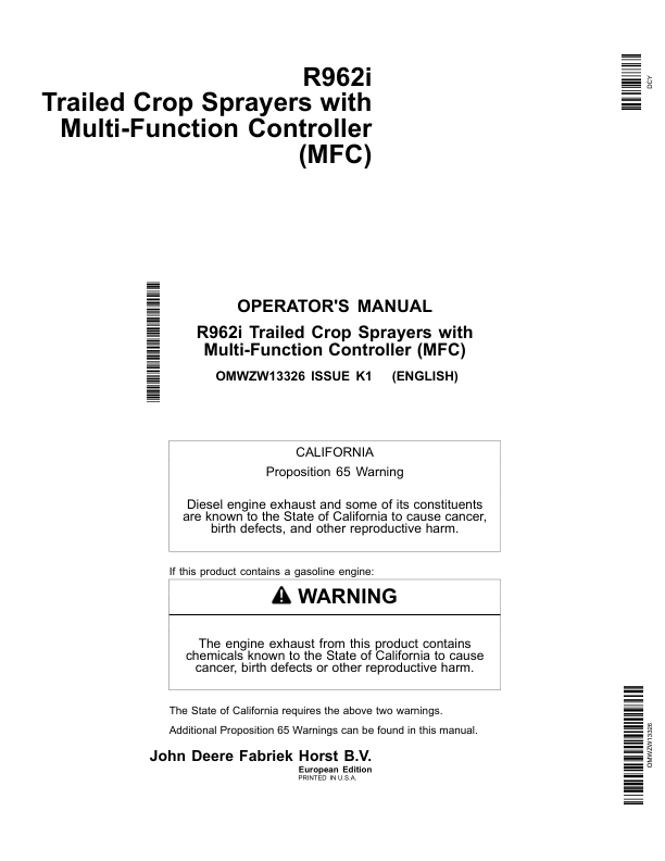 John Deere R962i Trailed Crop Sprayers w/Multi-Function Controller (MFC) Operator's Manual (OMWZW13326)