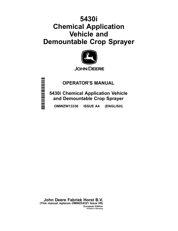 John Deere 5430i Chemical Application Vehicle With Demountable Crop Sprayer Operator's Manual (OMWZW13336)