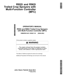 John Deere R952i & R962i Trailed Crop Sprayers w/Multi-Function Controller (MFC) Operator's Manual (OMWZW14410)