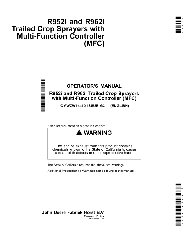 John Deere R952i & R962i Trailed Crop Sprayers w/Multi-Function Controller (MFC) Operator's Manual (OMWZW14410)
