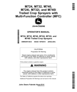 John Deere M724, M732, M740, M724i, M732i, M740i Trailed Crop Sprayers with Multi-Function Controller (MFC) Operator's Manual (OMWZW14833)