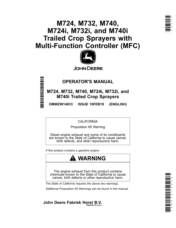 John Deere M724, M732, M740, M724i, M732i, M740i Trailed Crop Sprayers with Multi-Function Controller (MFC) Operator's Manual (OMWZW14833)