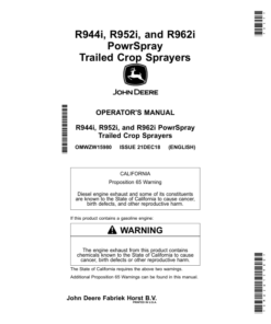 John Deere R944i, R952i, R962i PowrSpray Trailed Crop Sprayers Operator's Manual (OMWZW15980)