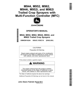 John Deere M944, M952, M962, M944i, M952i, M962i Trailed Crop Sprayers w/Multi-Function Controller (MFC) Operator's Manual (OMWZW16264)