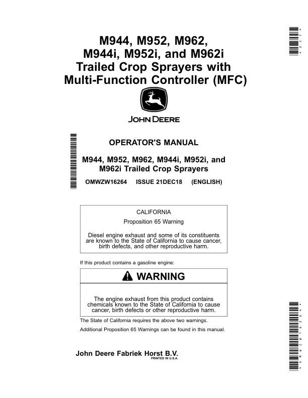 John Deere M944, M952, M962, M944i, M952i, M962i Trailed Crop Sprayers w/Multi-Function Controller (MFC) Operator's Manual (OMWZW16264)