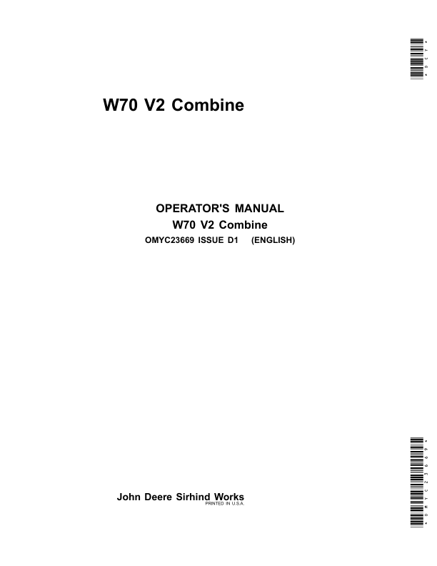 John Deere W70 V2 Combine (Asia, Sub Saharan Africa) Operator's Manual (OMYC23669)