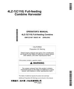 John Deere 4LZ-7 (C110) Full-feeding Combine Harvesters Operator's Manual (OMYC27467)
