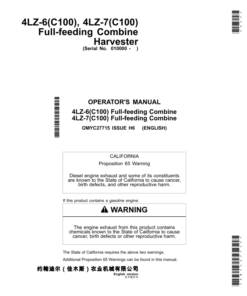 John Deere 4LZ-6(C100) & 4LZ-7(C100) Full-feeding Combine Harvesters Operator's Manual (OMYC27715)