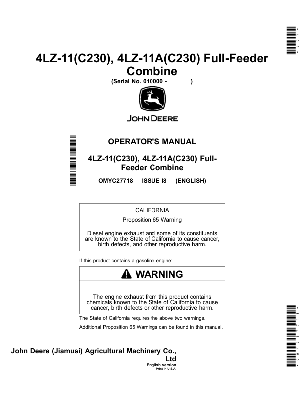 John Deere (C230) 4LZ-11 & (C230) 4LZ-11A Full-Feeder Combine Operator's Manual (OMYC27718)