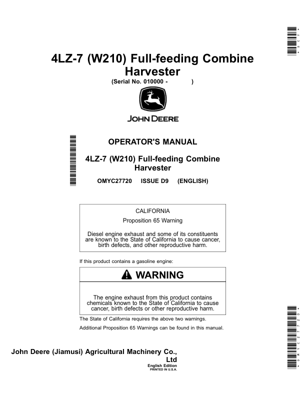 John Deere (W210) 4LZ-7 Type Full-Feeding Combine Harvester Operator's Manual (OMYC27720)