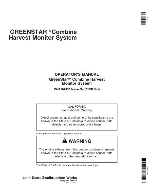 John Deere GreenStar Combine Harvest Monitor Systems Operator's Manual (OMZ101438)