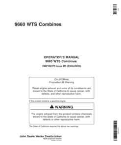 John Deere 9660 WTS Combine Operator's Manual (OMZ102275)