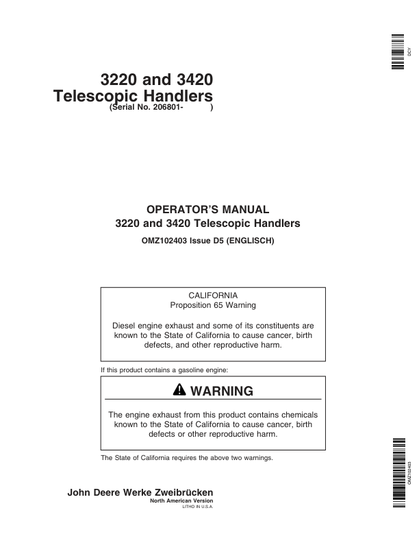 John Deere 3220 & 3420 Telescopic Handlers Operator's Manual (OMZ102403)
