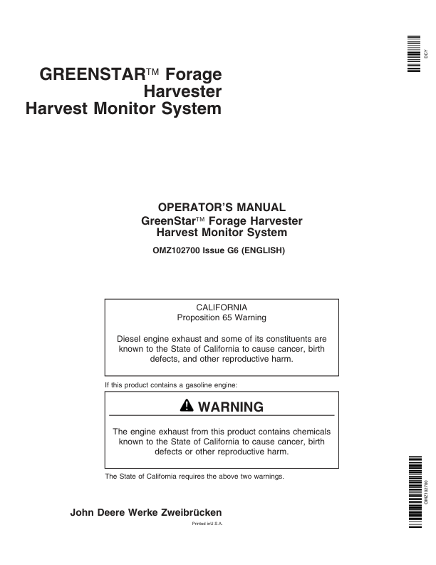 John Deere GreenStar Forage Harvester Harvest Monitor Systems Operator's Manual (OMZ102700)