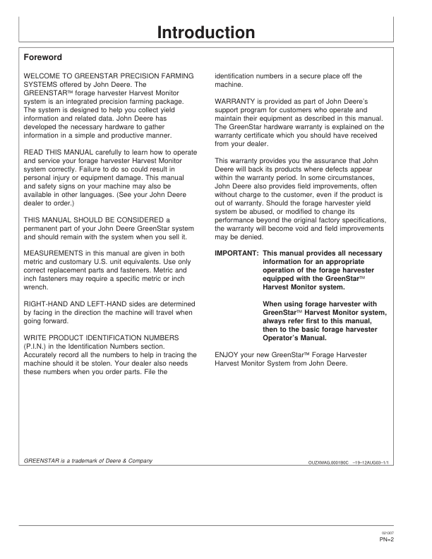 John Deere GreenStar Forage Harvester Harvest Monitor Systems Operator's Manual (OMZ102700) - Image 2