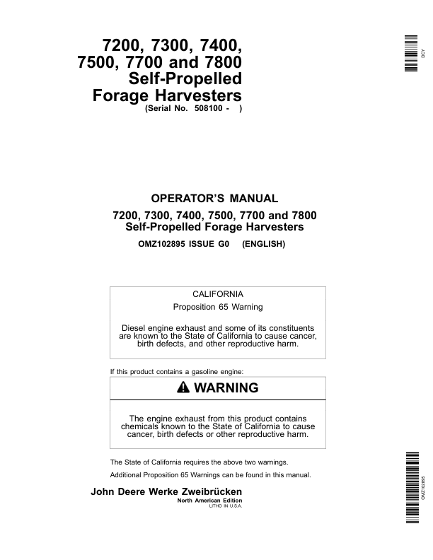 John Deere 7200, 7300, 7400, 7500, 7700 & 7800 Self-Propelled Forage Harvesters Operator's Manual (OMZ102895)